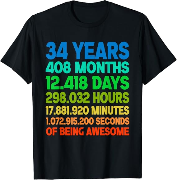 Retro 34 Years Old Tee Vintage 34th Birthday 408 Month Gift TShirt Clothing